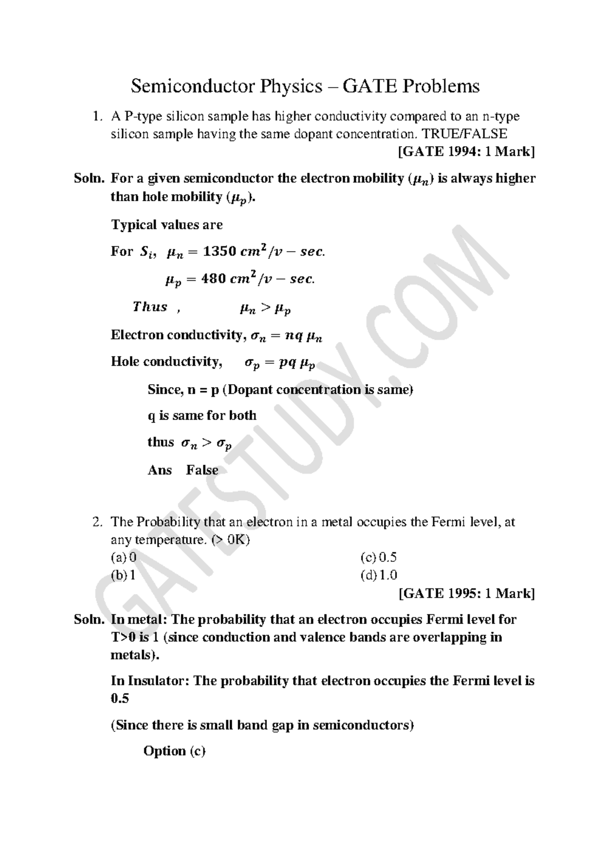 GATE Semiconductor Physics Numericals: Comprehensive Problem Set - Studocu