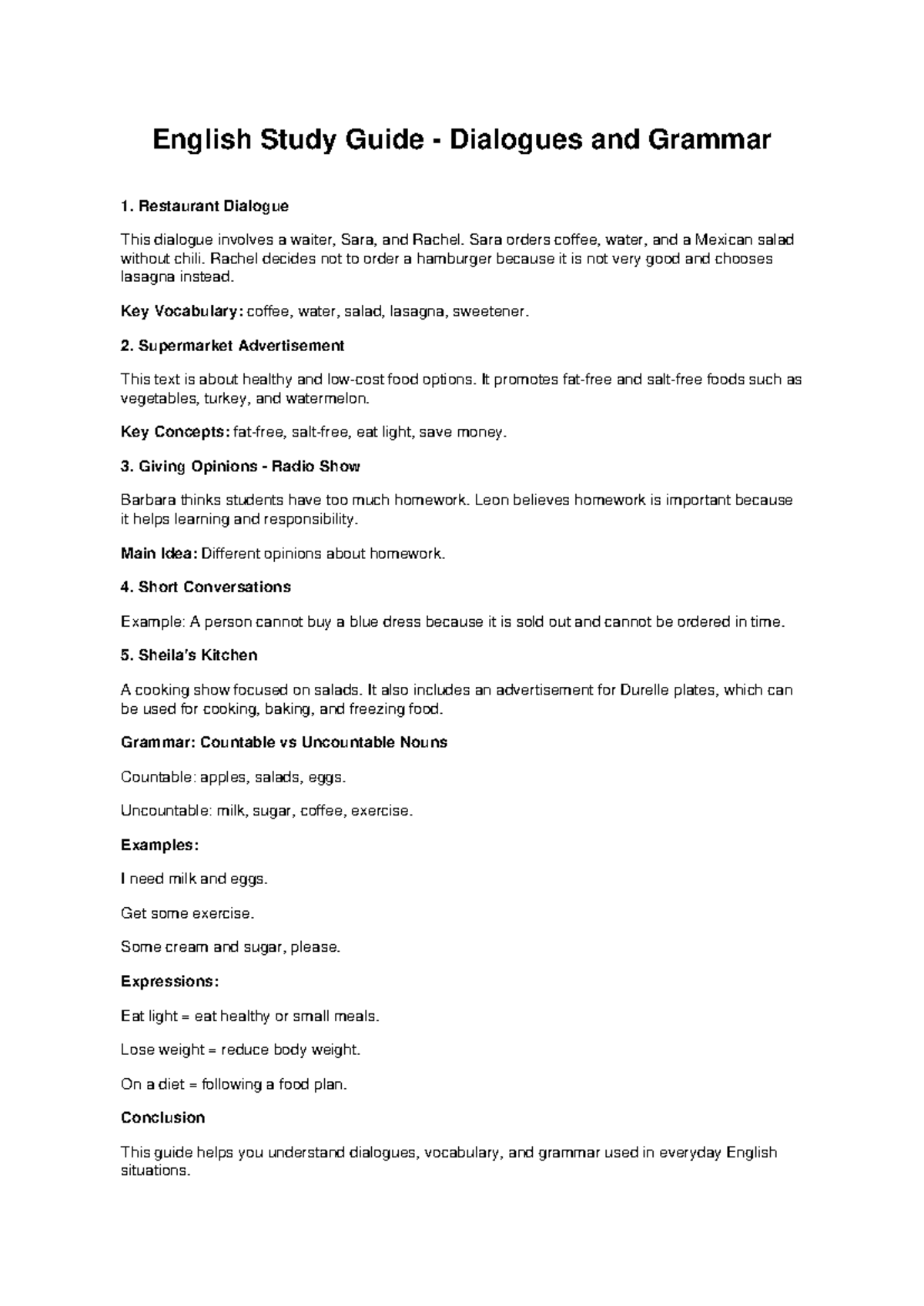 English Study Guide: Dialogues, Grammar, and Vocabulary Insights - Studocu