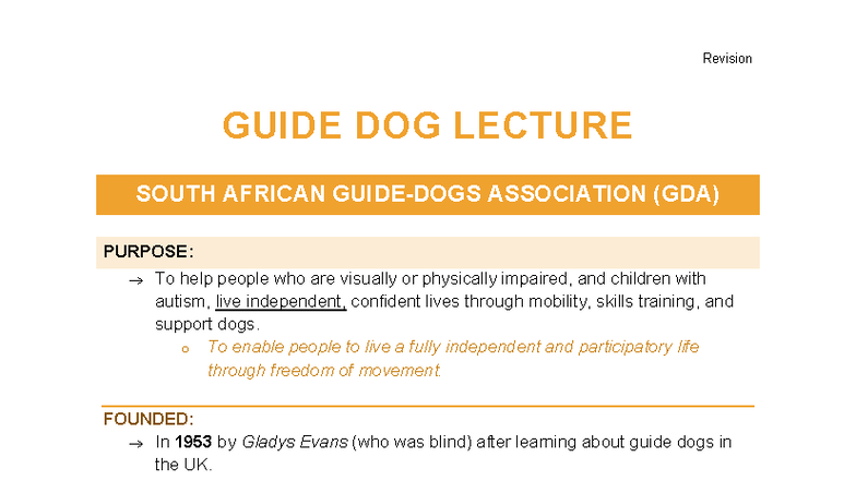 DRL Revision - Guide Dog Lecture Notes on Assistance Dogs - Studocu