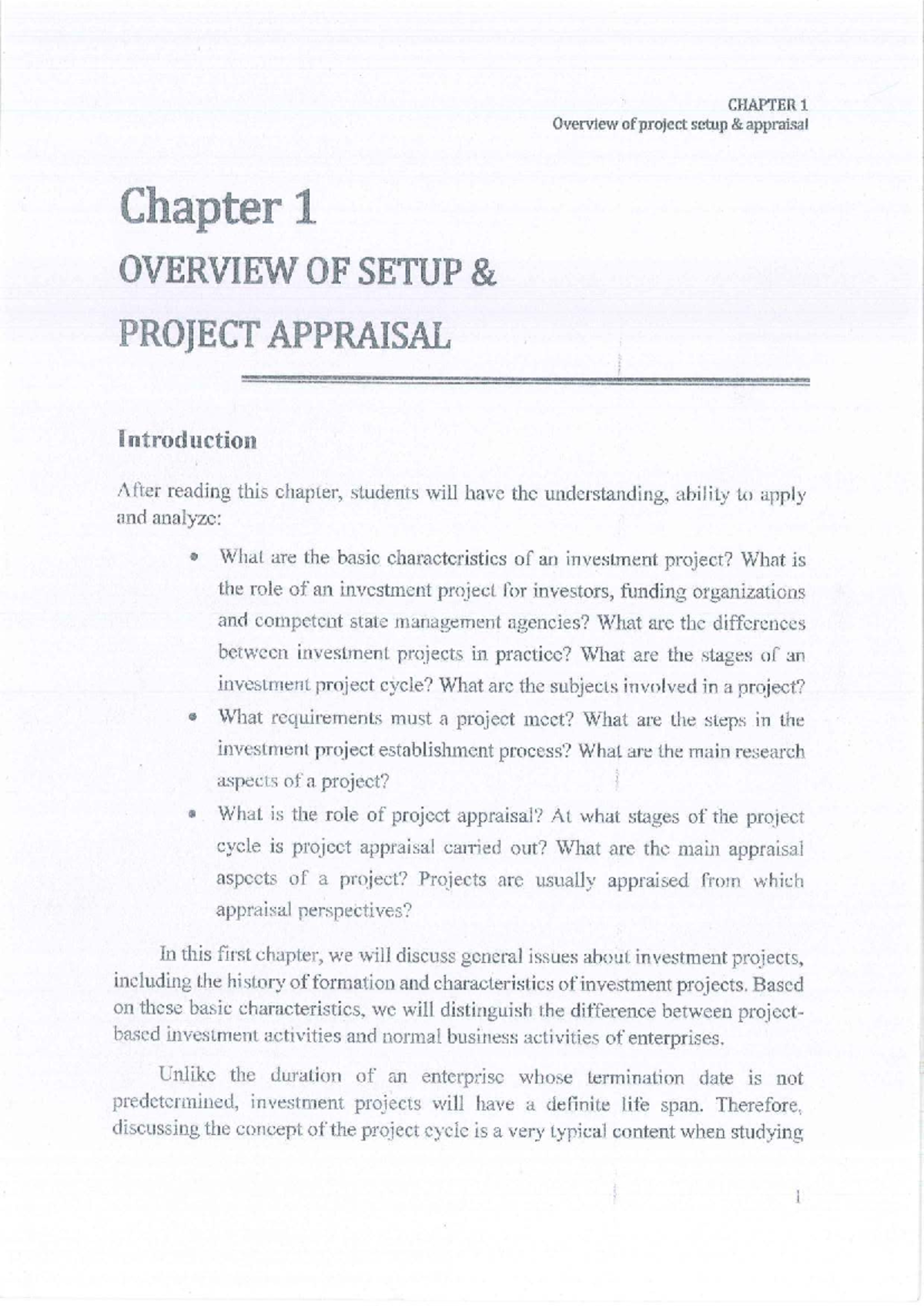 CHAPTER 1: Overview of Investment Project Setup and Appraisal - Studocu