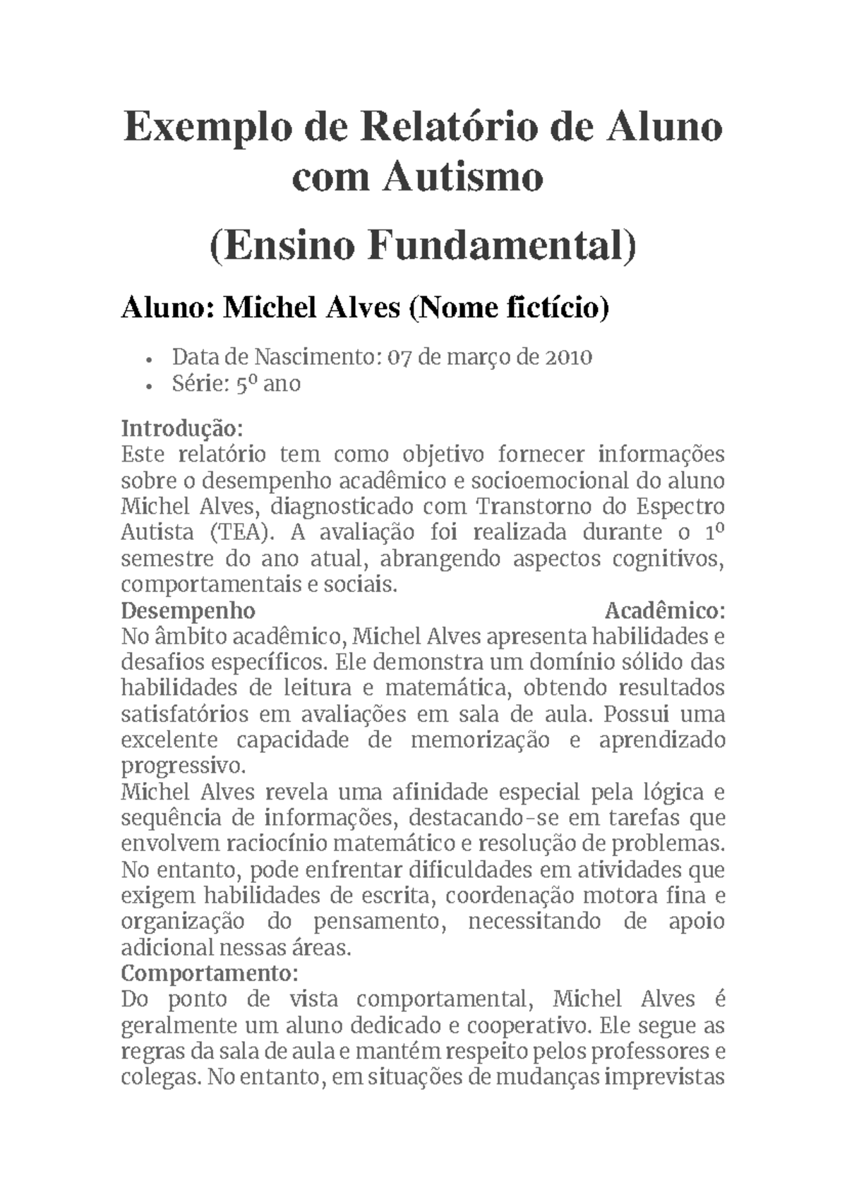 Relatório de Aluno com Autismo - Ensino Fundamental (Exemplo) - Studocu