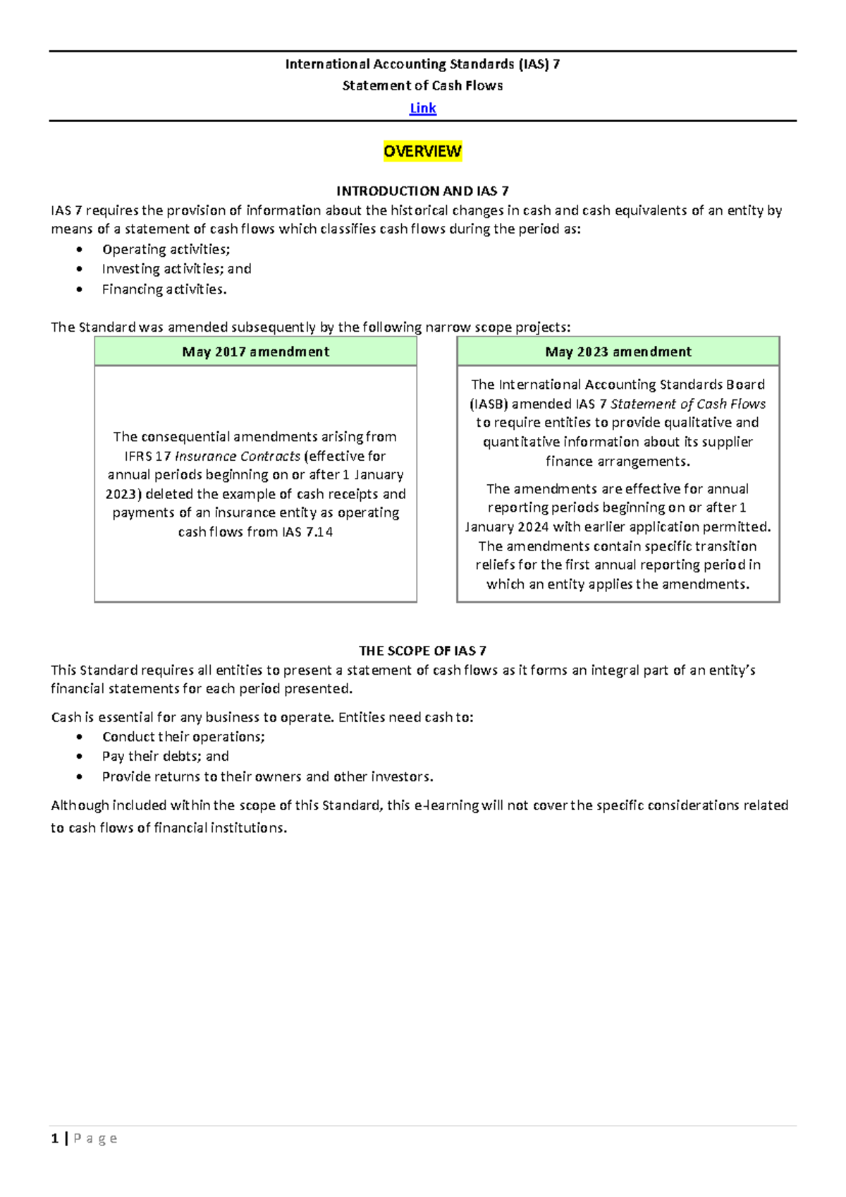 IAS 7 - Overview of Statement of Cash Flows and Amendments - Studocu