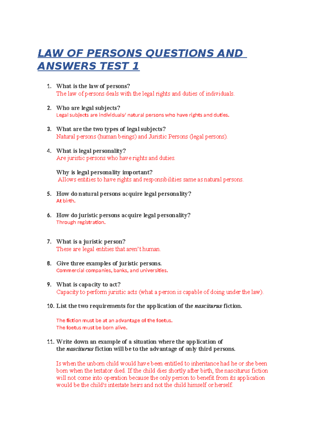 LAW OF PERSONS Q&A: TEST 1 - Key Concepts & Legal Principles - Studocu