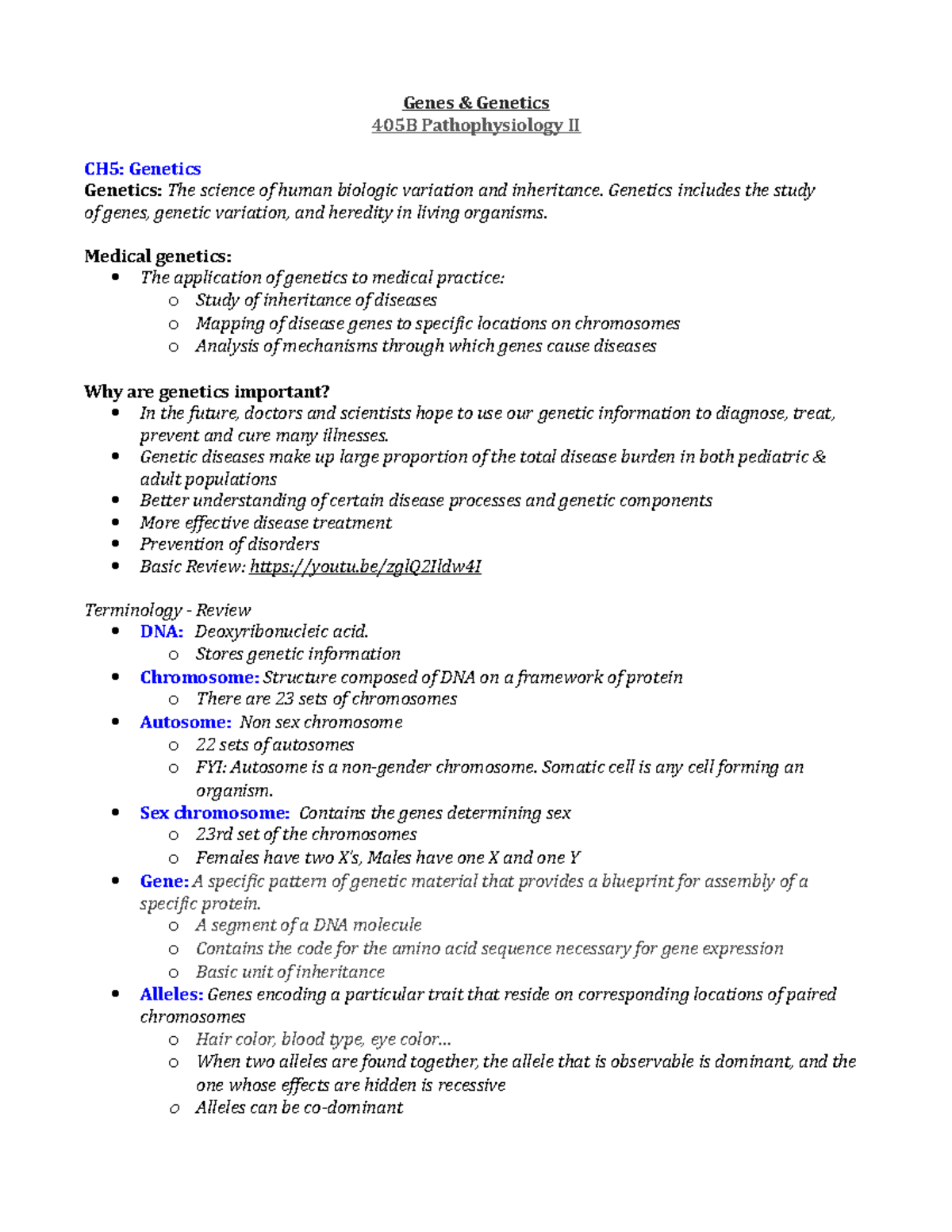 Genetics Overview and Key Concepts - Test 1 Notes 405B Pathophysiology ...