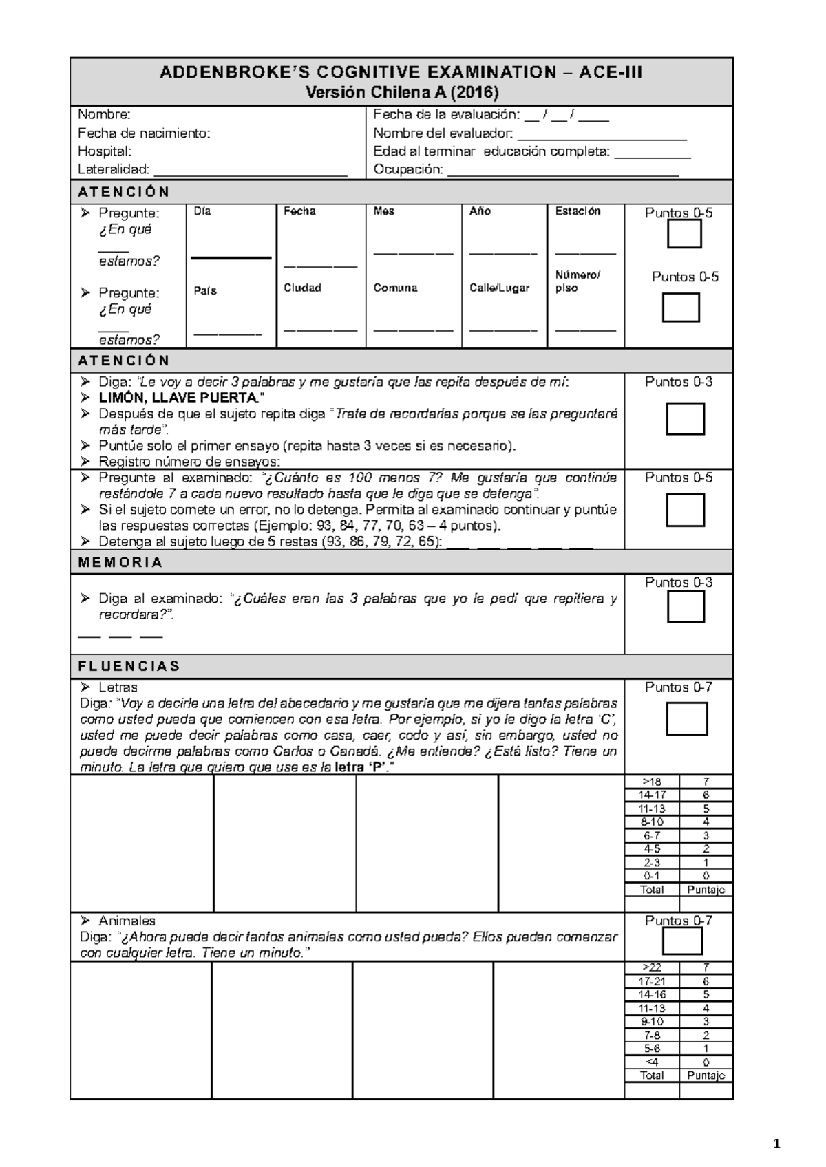 ACE III - Examen Cognitivo en Chile (Versión A - 2016) - Document Preview