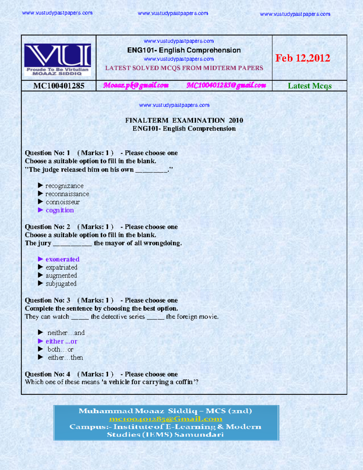 ENG101 Final Term Solved MCQs - English Comprehension by Moaaz - Studocu