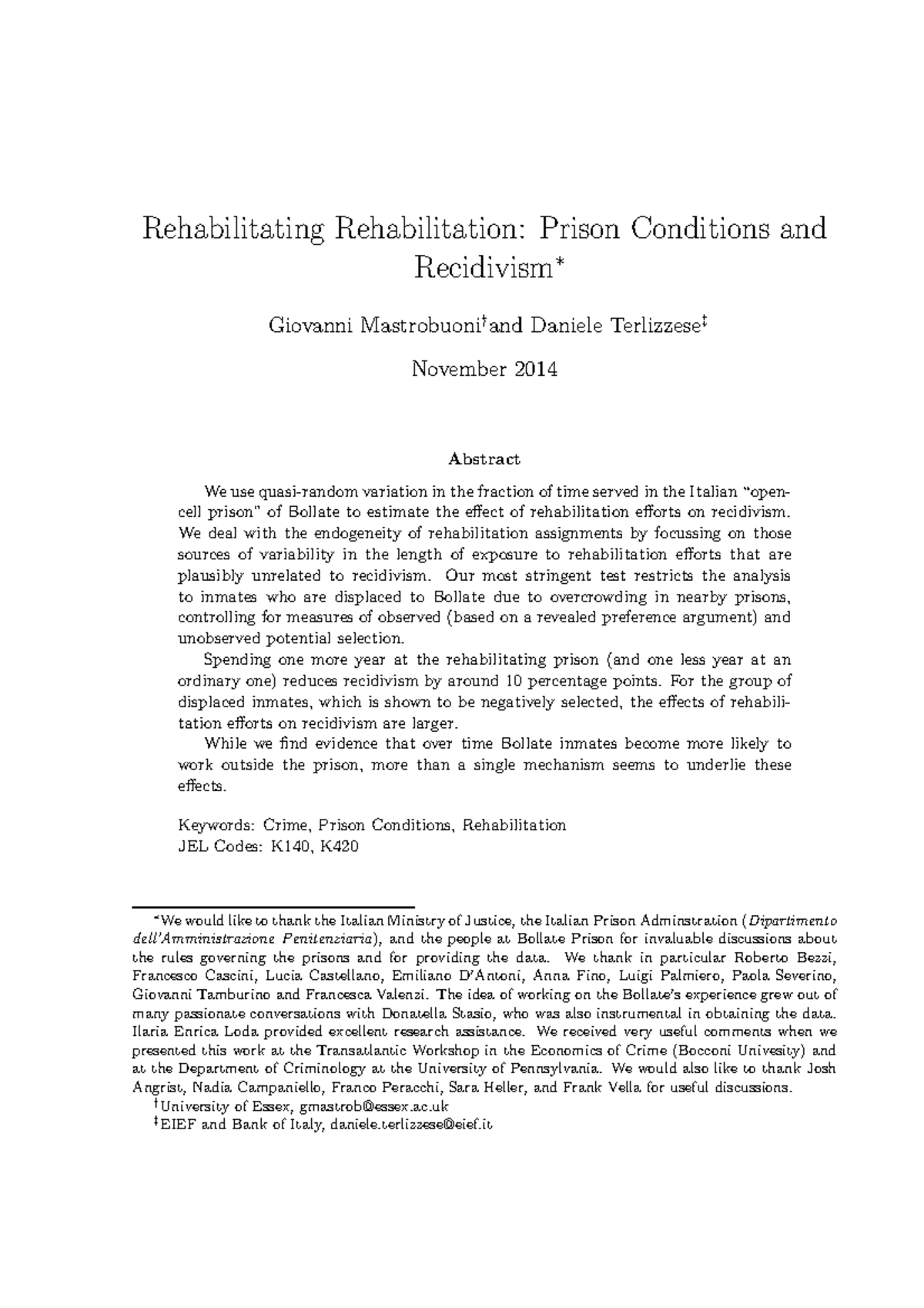 Rehabilitation Impact on Recidivism in Italian Prisons (REHAB 101 ...