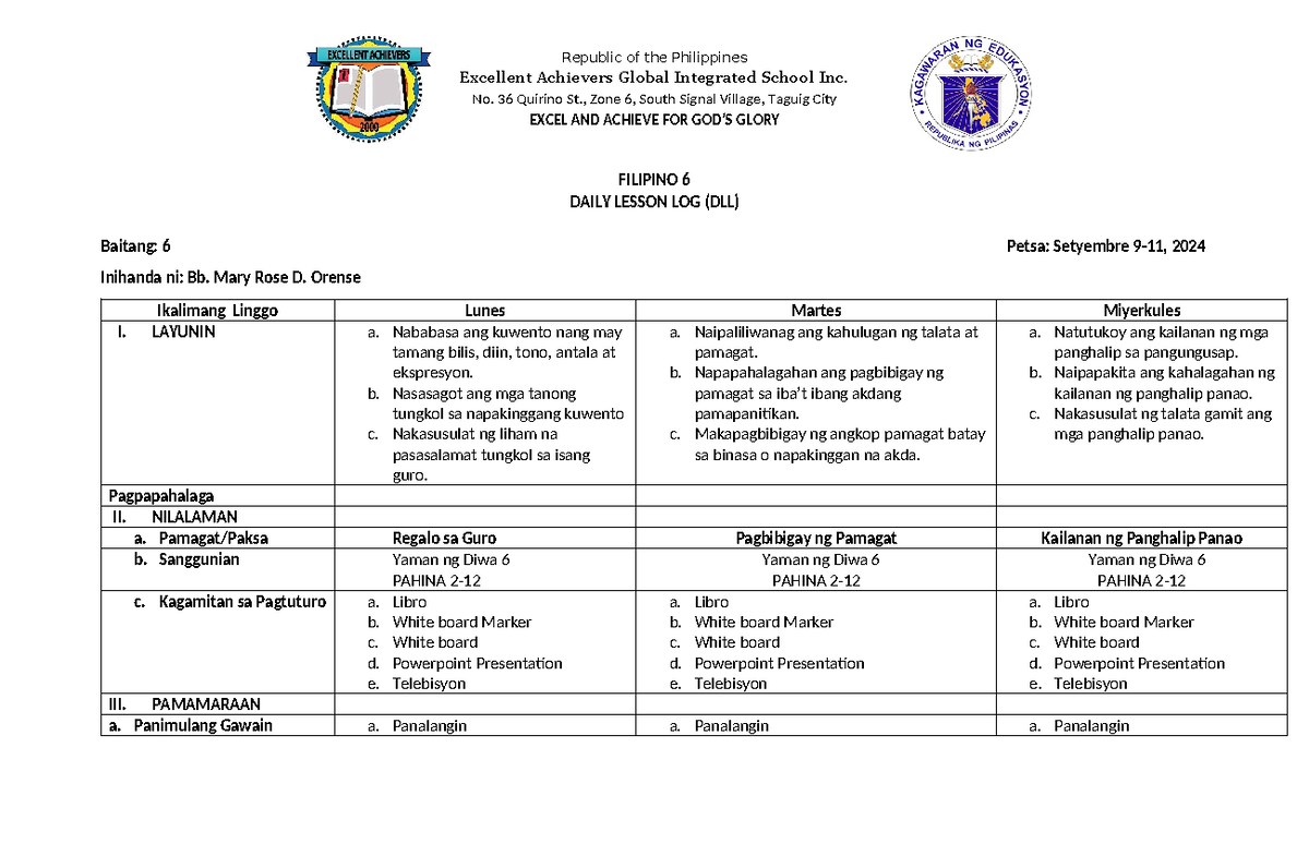 Filipino 6 Daily Lesson Log (DLL) Week 5: Achievements and Values - Studocu