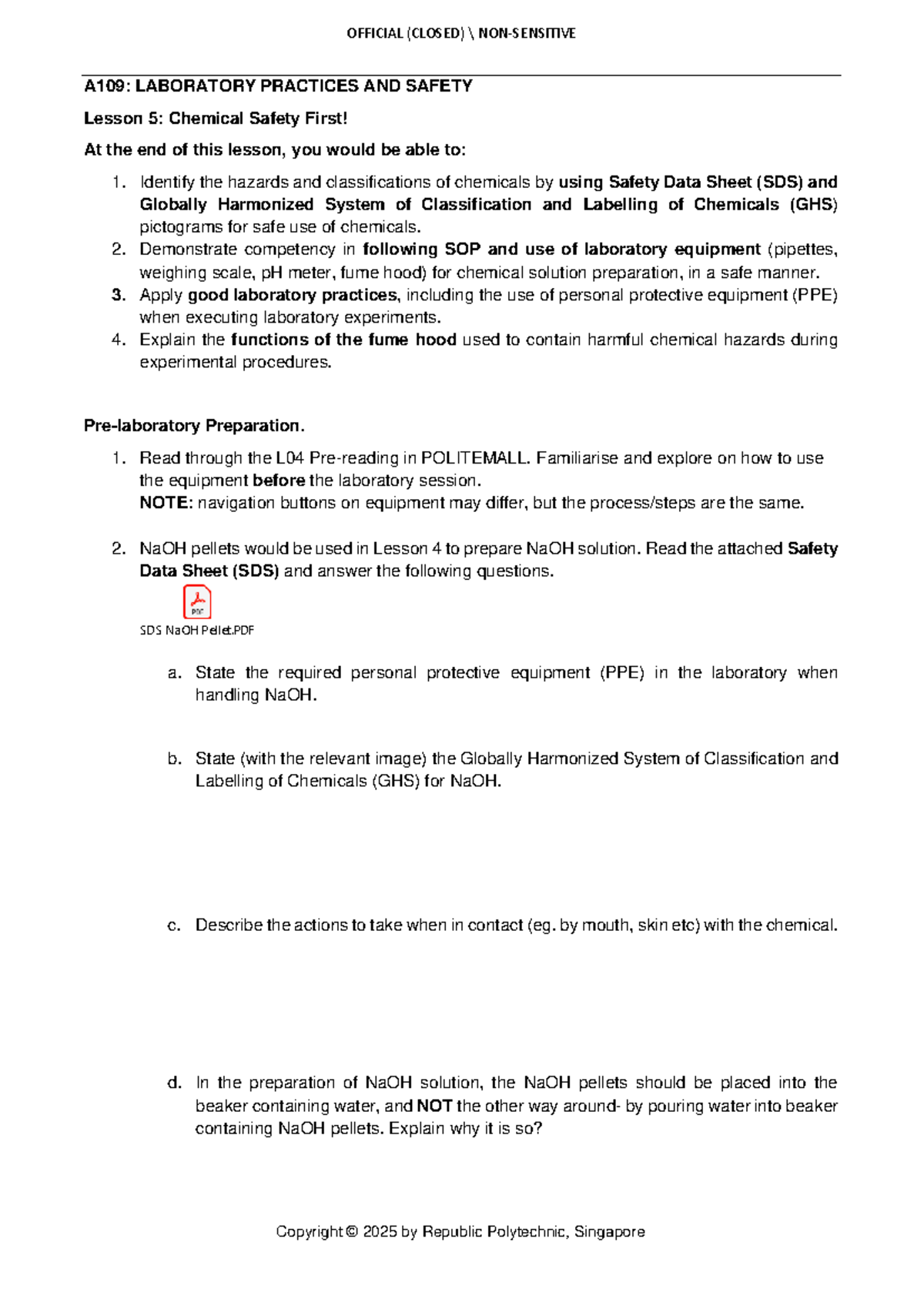 A109: L05 Laboratory Protocol - Chemical Safety and Practices - Studocu