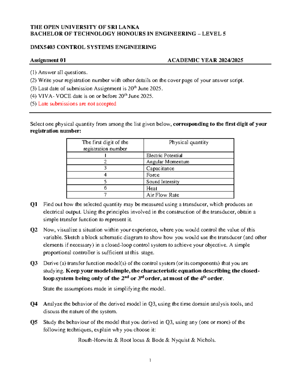 DMX5403 - Control Systems Engineering Assignment 01 (2025) - Studocu