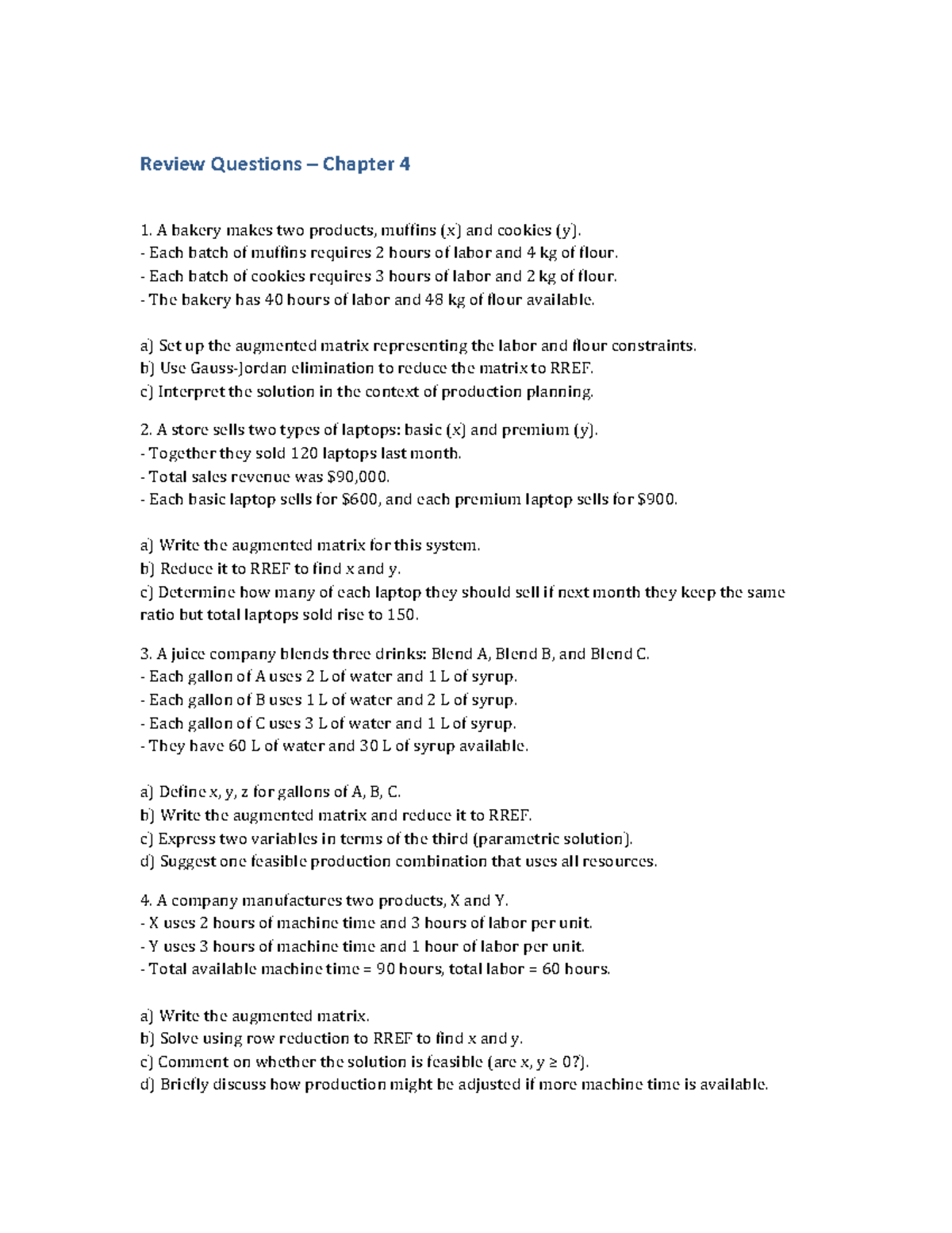 Chapter 4 Review Questions: Production Planning & Matrix RREF - Studocu