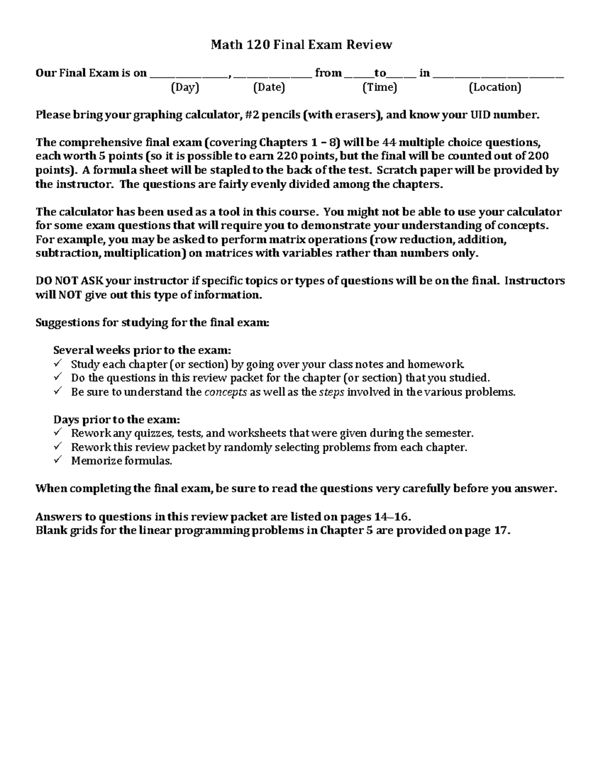 Math 120 Final Exam Study Guide: Comprehensive Review for All Chapters ...