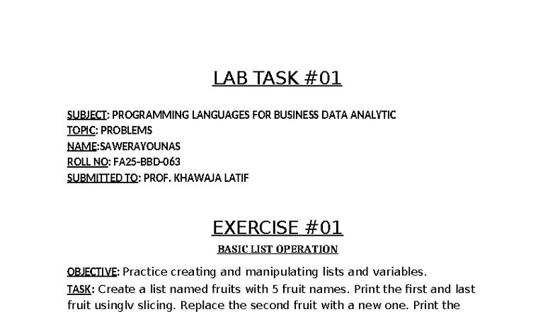 Programming Languages for Business: Lab Task #01 by Sawera Younas - Studocu