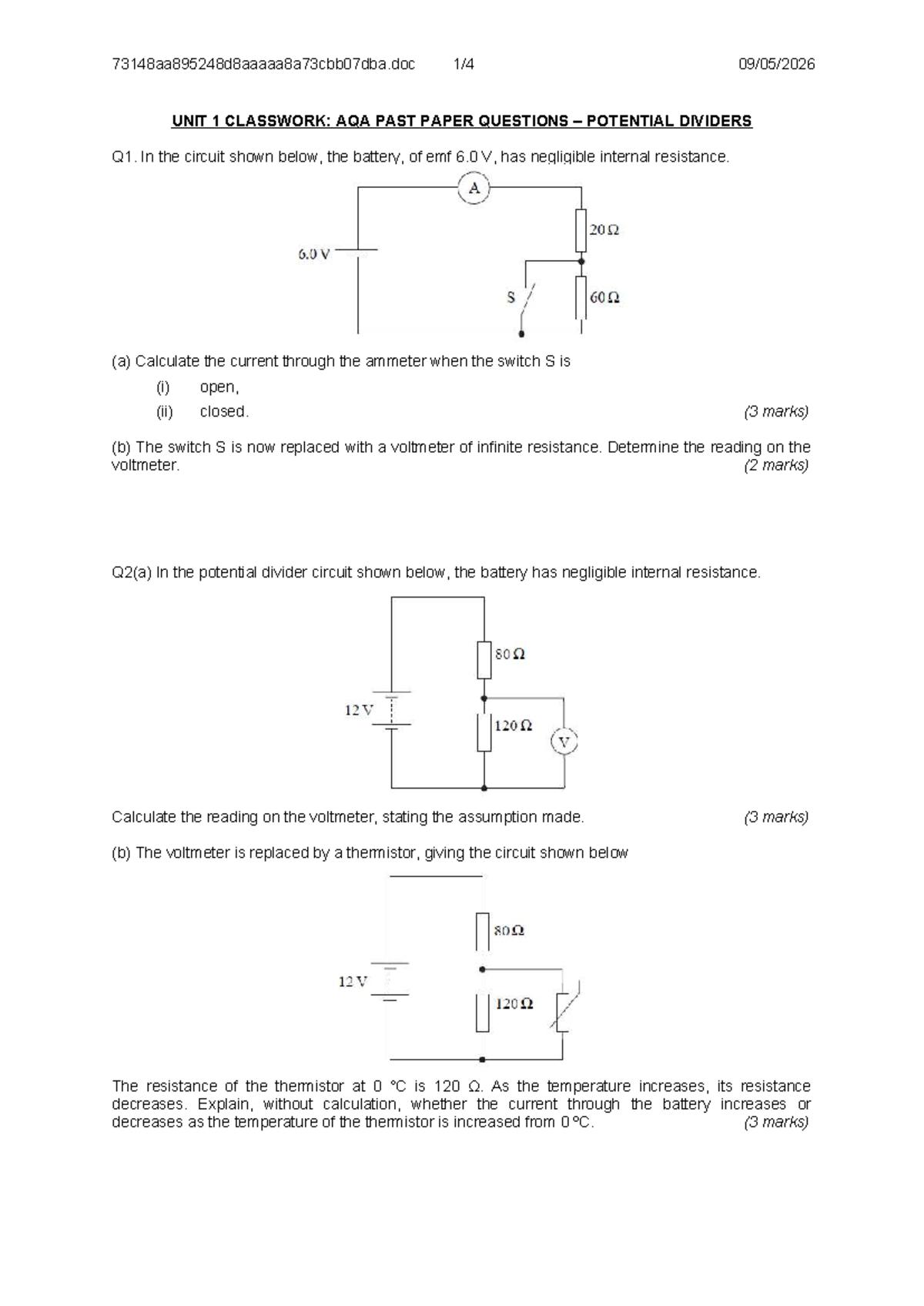 AQA UNIT 1 CLASSWORK: Potential Divider Circuit Analysis - Studocu