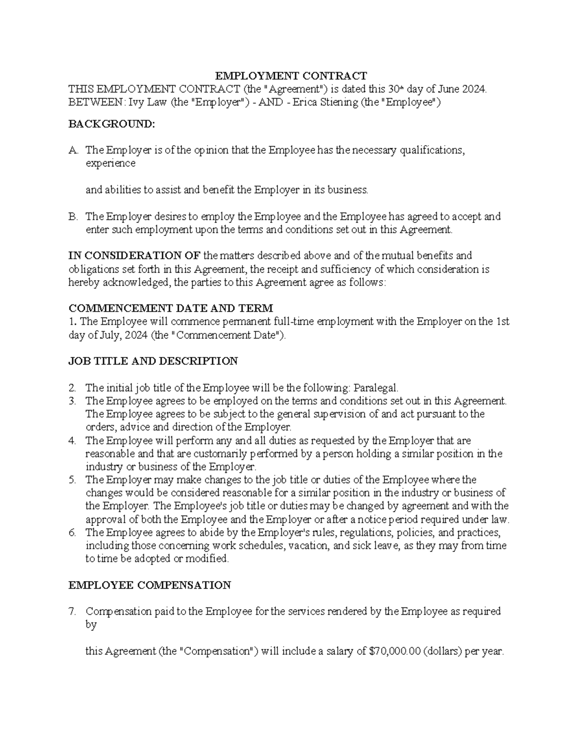 Mod 3 DB - Employment Contract Overview for Homework - Studocu