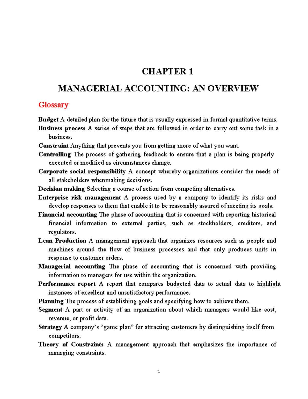 CHAPTER 1 & 2 MANAGERIAL ACCOUNTING GLOSSARY & CONCEPTS (MA17) - Studocu