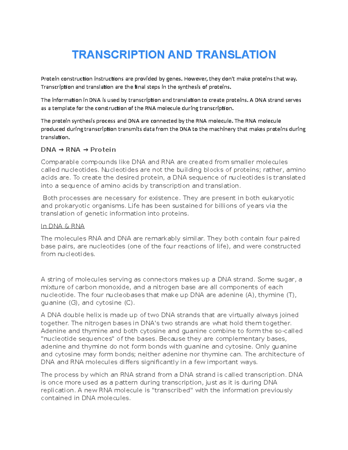 Biology Assignment 3: Understanding Transcription and Translation - Studocu