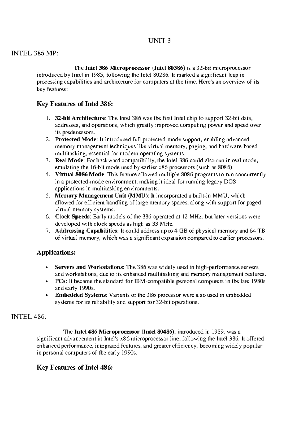 UNIT 3 - Lecture Notes on Intel 386 and 486 Microprocessors - Studocu