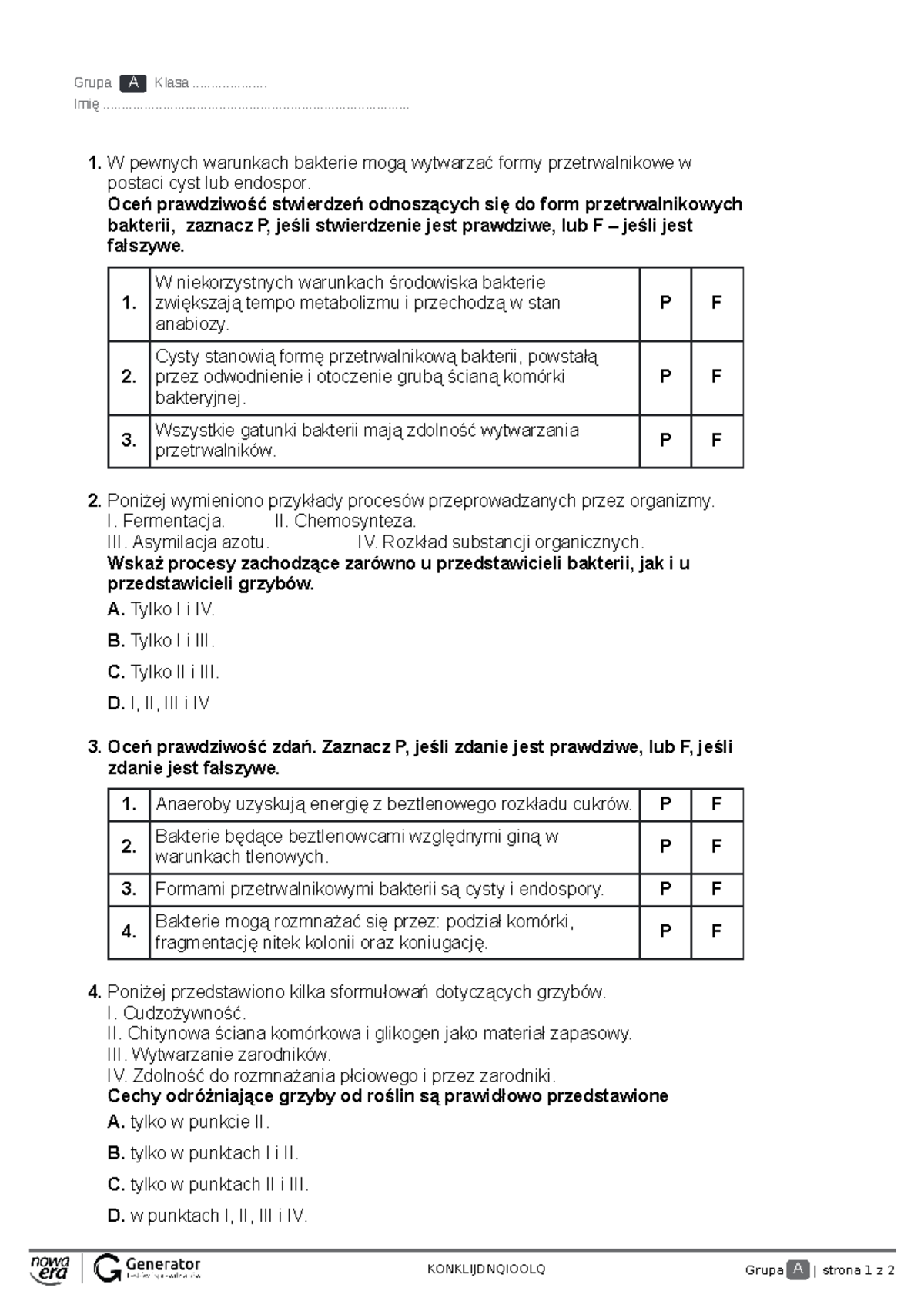 Kartkówka - Różnorodność prokariontów, protistów, grzybów - test SPE 2