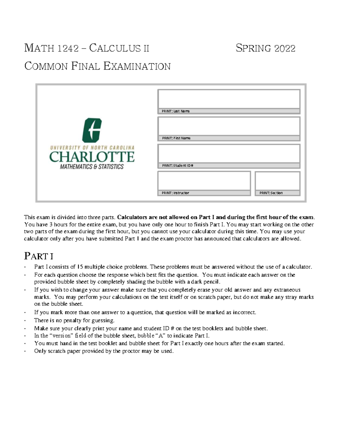 MATH 1242 - Calculus II Final Exam Spring 2022 - Studocu