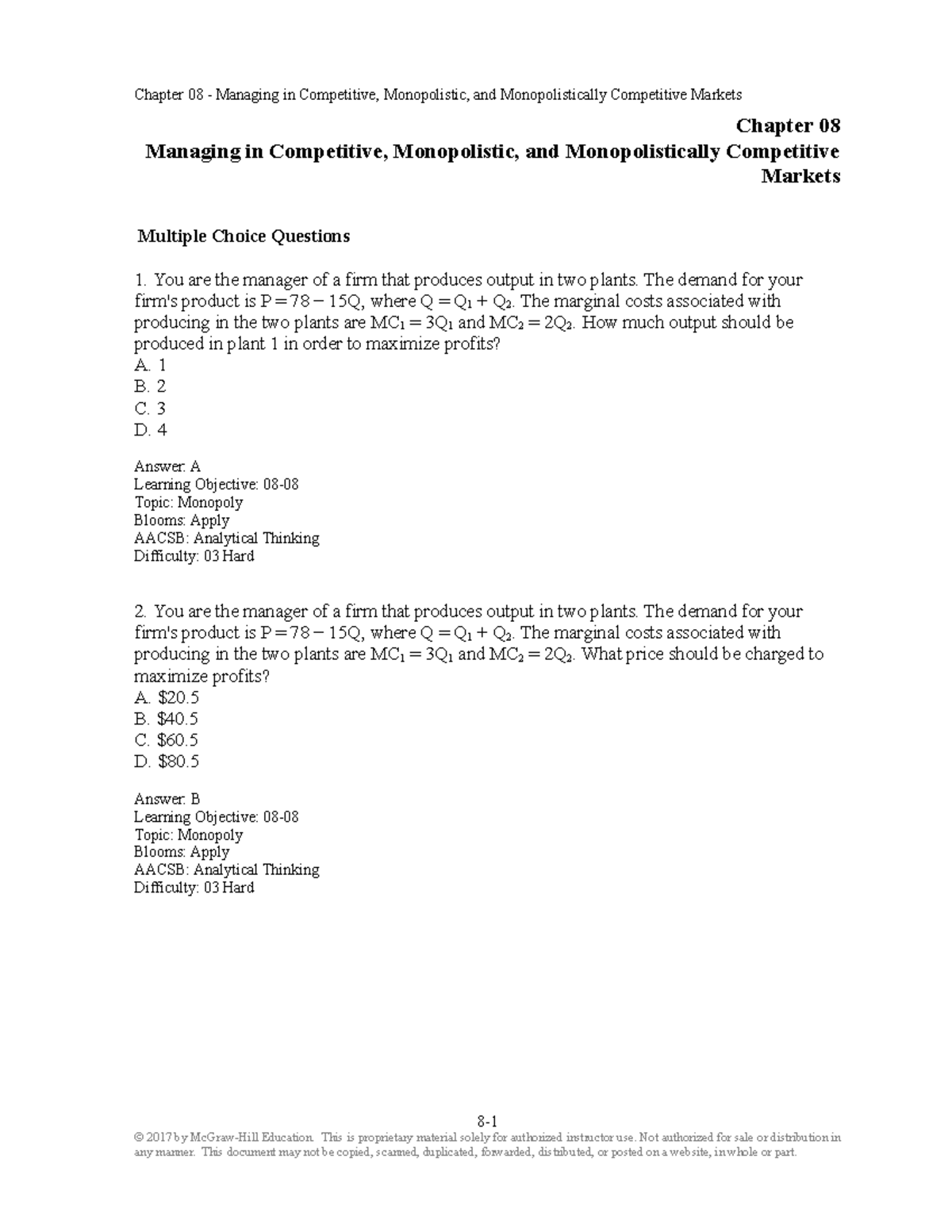 Test Bank for Managerial Economics & Business Strategy - Chap 8 - Studocu
