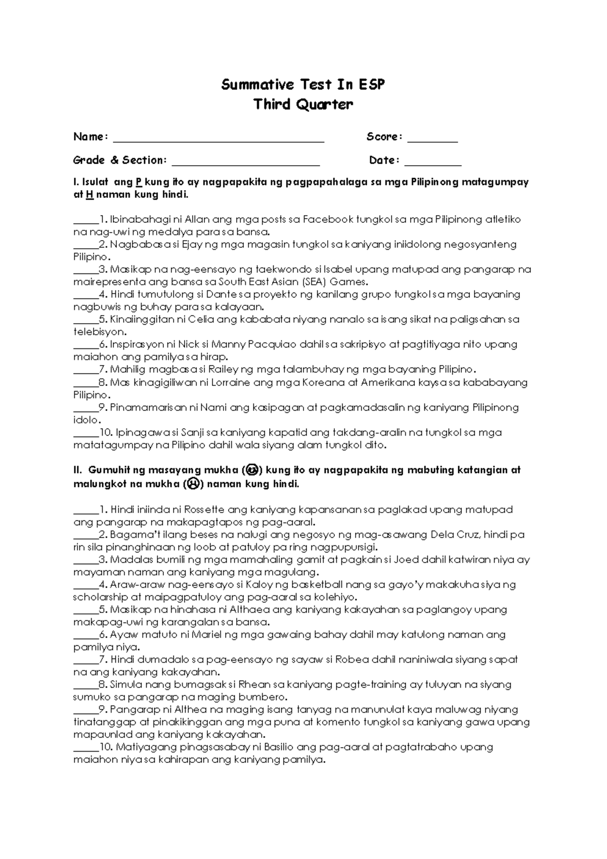 Summative Test in ESP 6: Third Quarter Assessment - Studocu