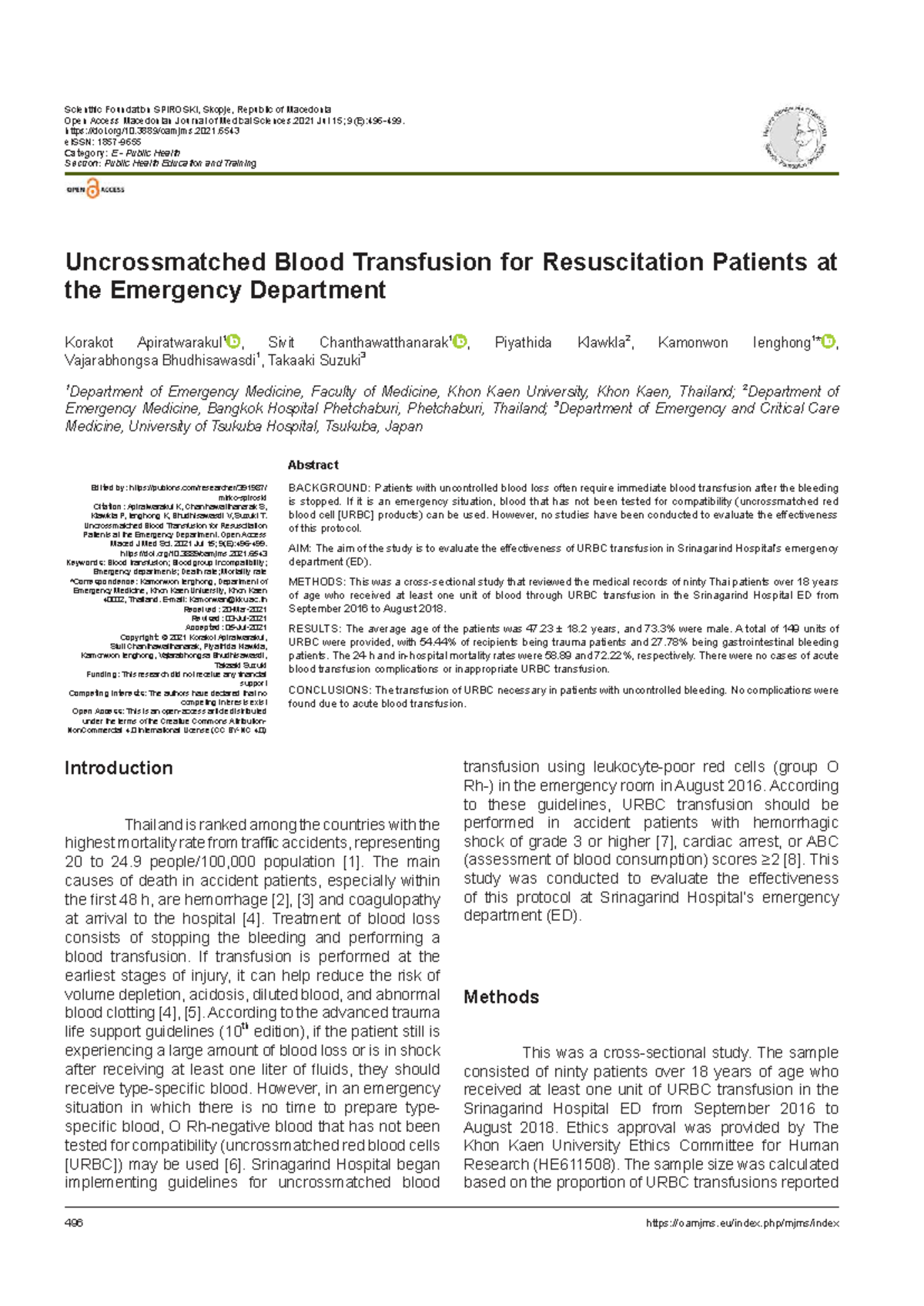 Uncrossmatched Blood Transfusion in Emergency Patients: A Study (OAMJMS ...