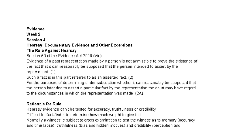 Evidence Week 2 - week 2 notes - Evidence Week 2 Session 4 Hearsay ...