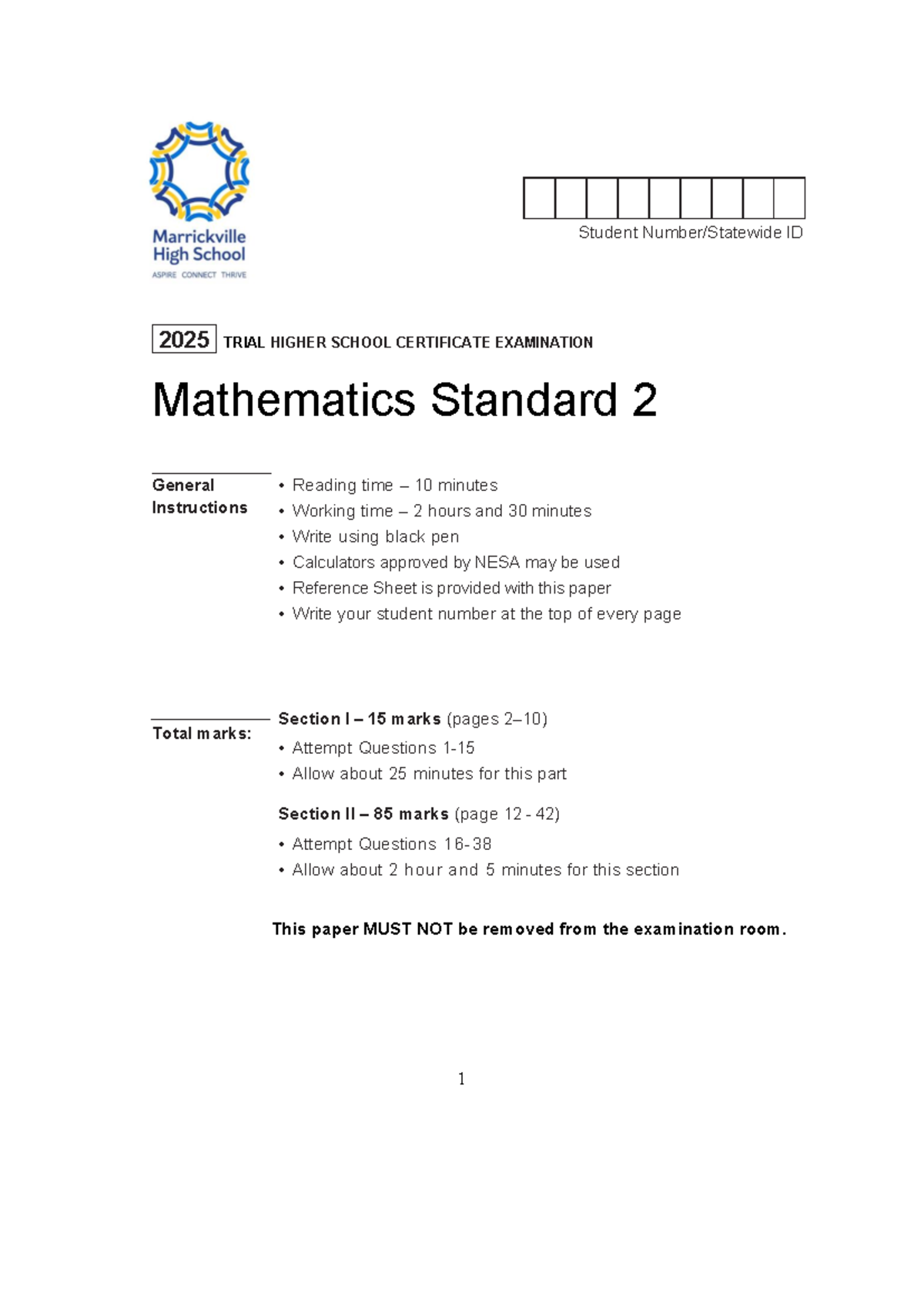 Mathematics Standard 2 Trial Exam Solutions 2025 - Studocu