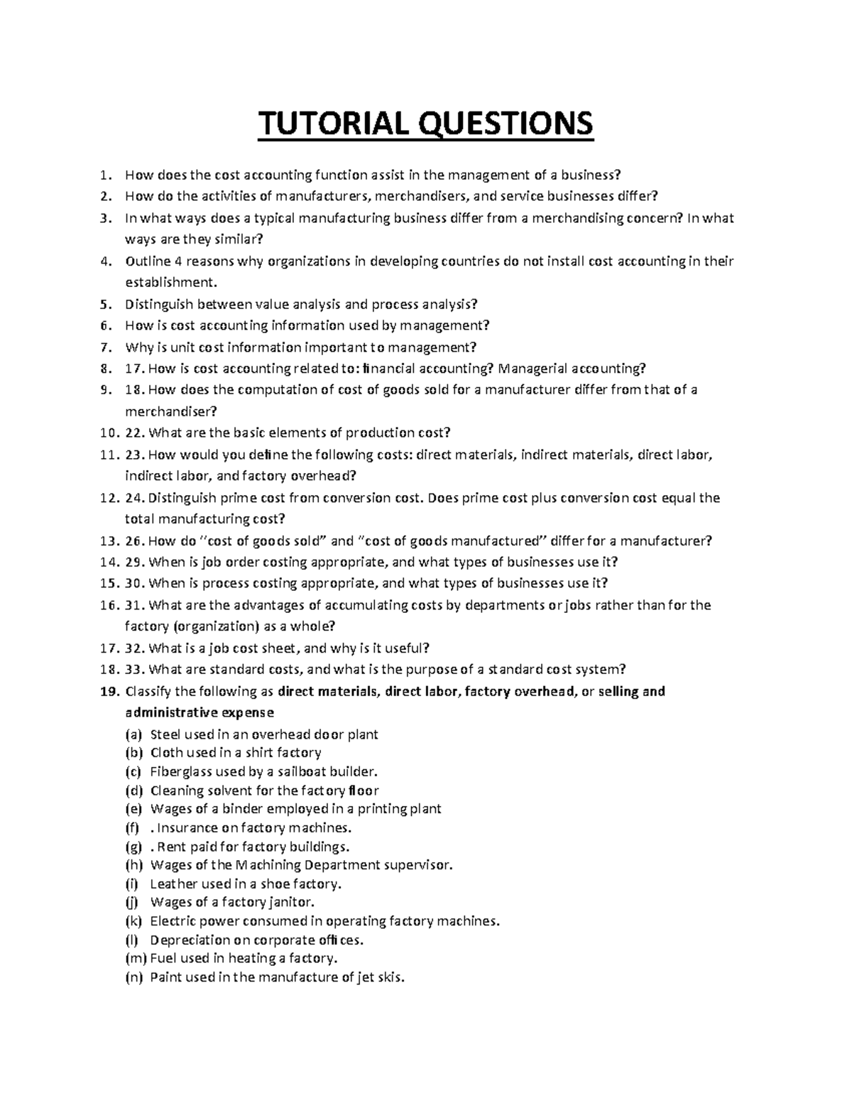 Tutorial Questions 1: Cost Accounting Insights and Applications - Studocu