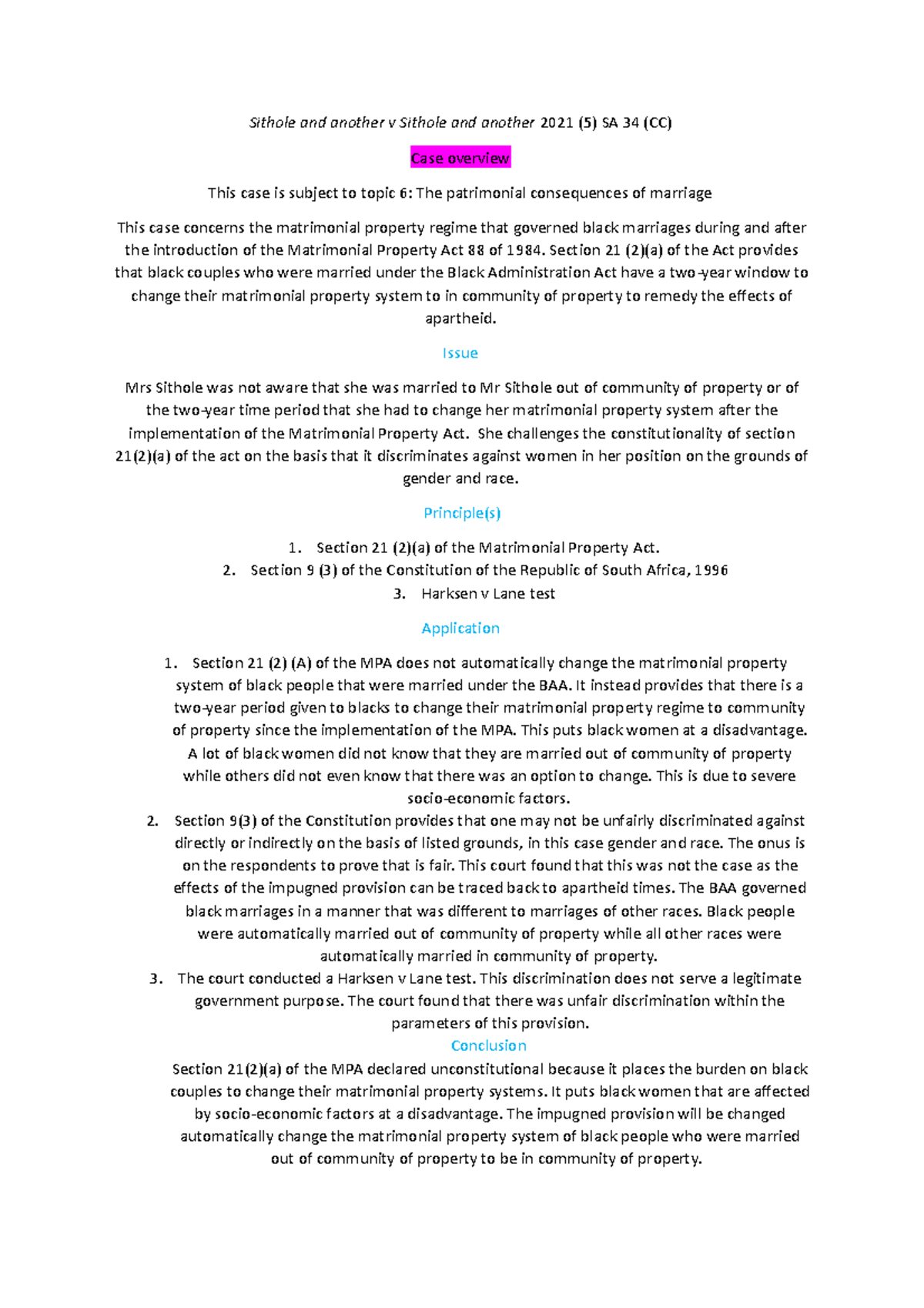 Sithole v Sithole 2021 Case Study: Matrimonial Property Act ...