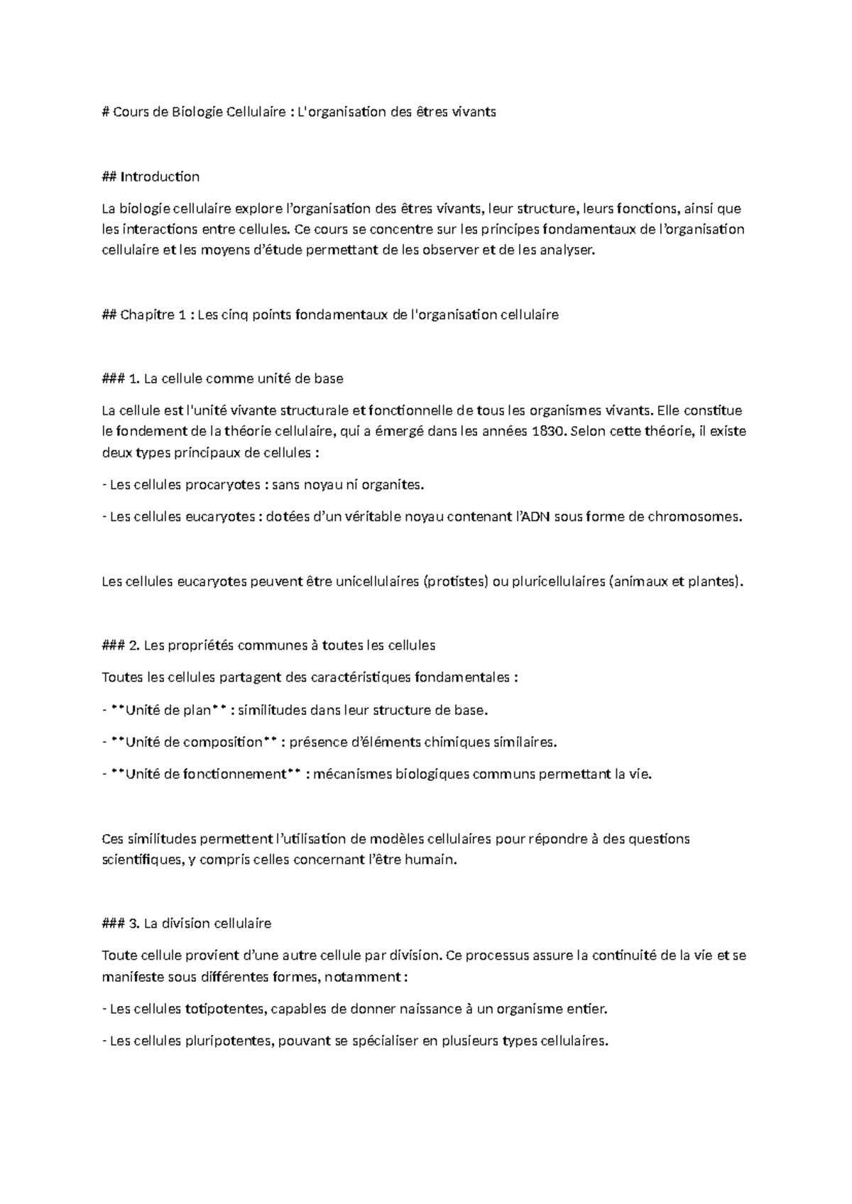Cours de Biologie Cellulaire : Introduction et Chapitres 1 & 2 - Studocu