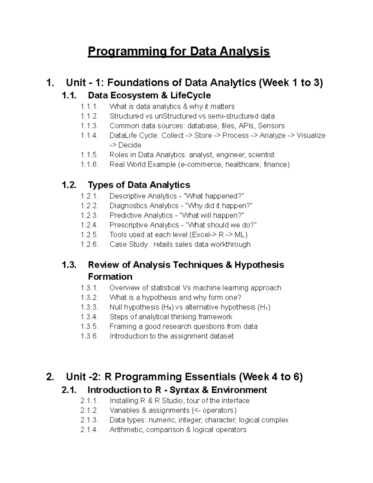 R Programming Syllabus: Foundations of Data Analytics (Units 1-3) - Studocu
