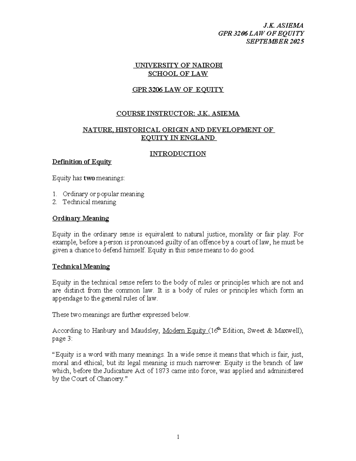 GPR 3206 Law of Equity Lecture Notes - September 2025 - Studocu