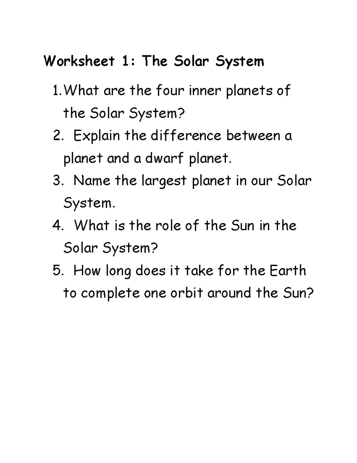 Worksheet 1 The Solar System - SCI 1000C - Worksheet 1: The Solar ...