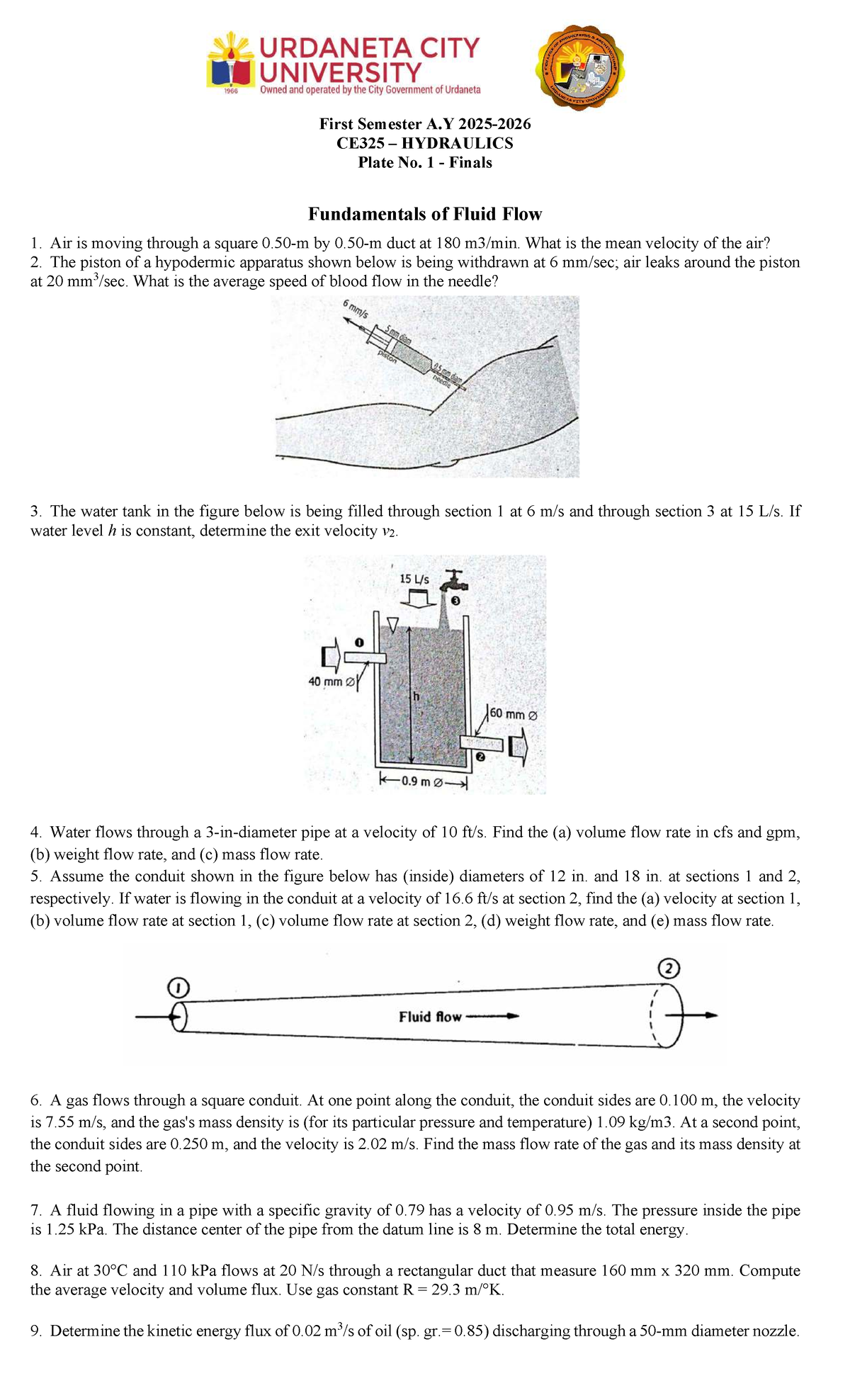 CE325 Hydraulics Plate No. 1 - Finals on Fluid Flow Fundamentals - Studocu