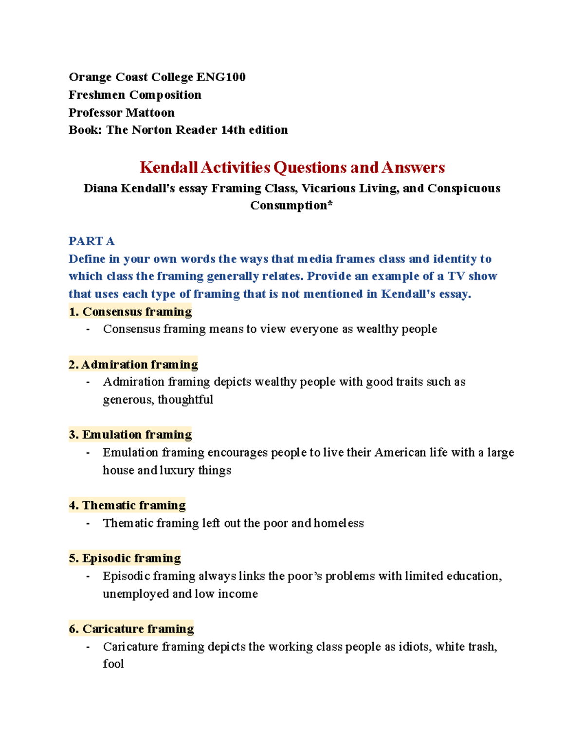 Kendall Activity Questions and Answers - Orange Coast College ENG ...