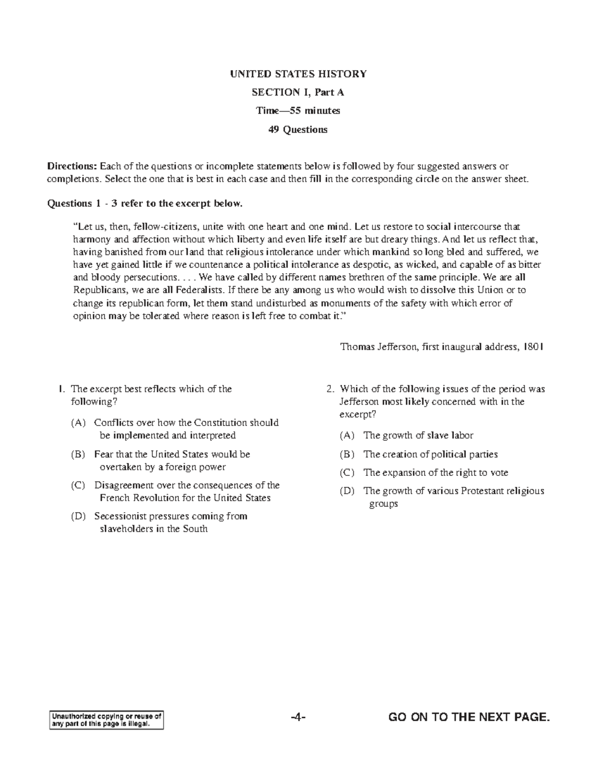 APUSH 2016 MCQ: United States History Section I, Part A Exam Questions ...