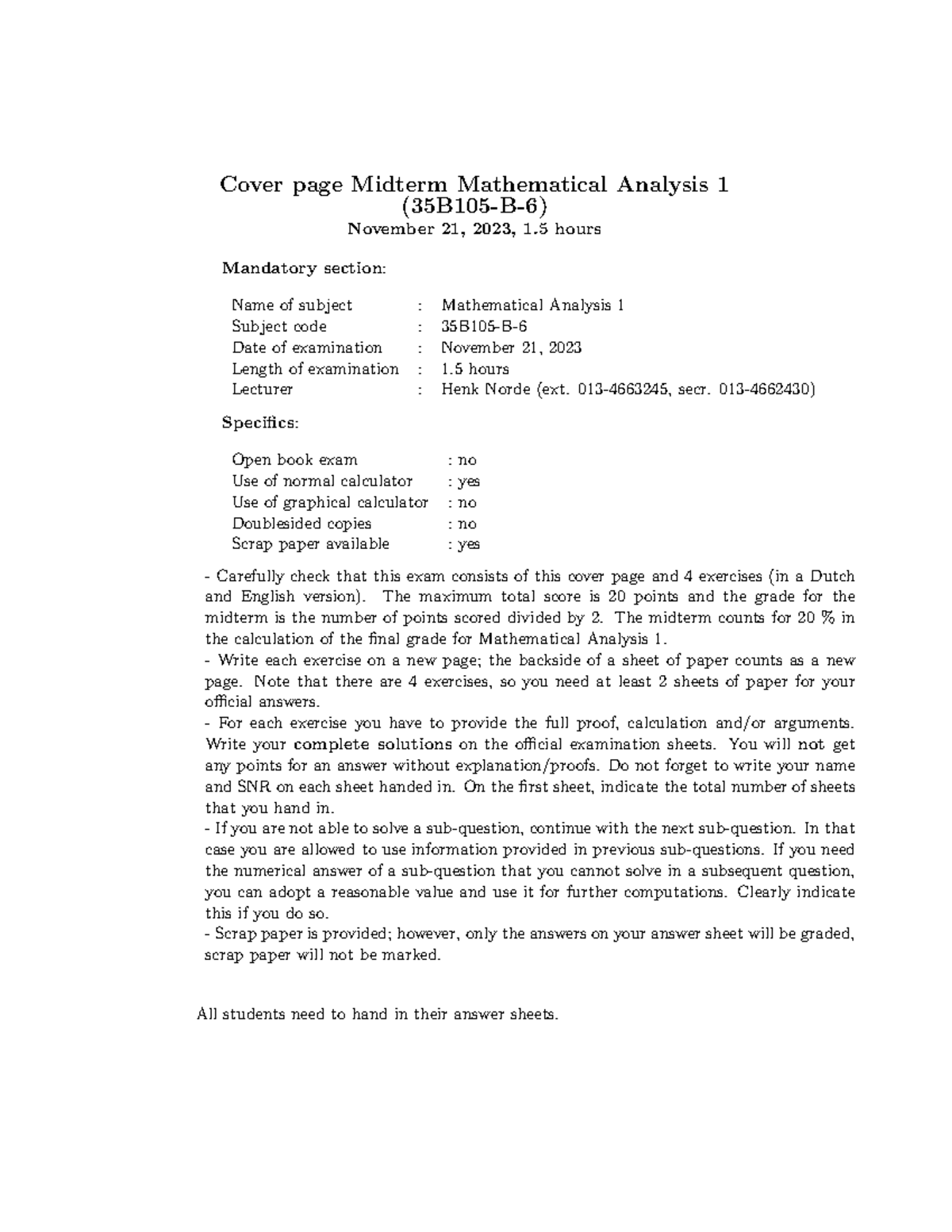 Midterm Exam Solutions for Mathematical Analysis 1 (35B105-B-) - Nov 21 ...