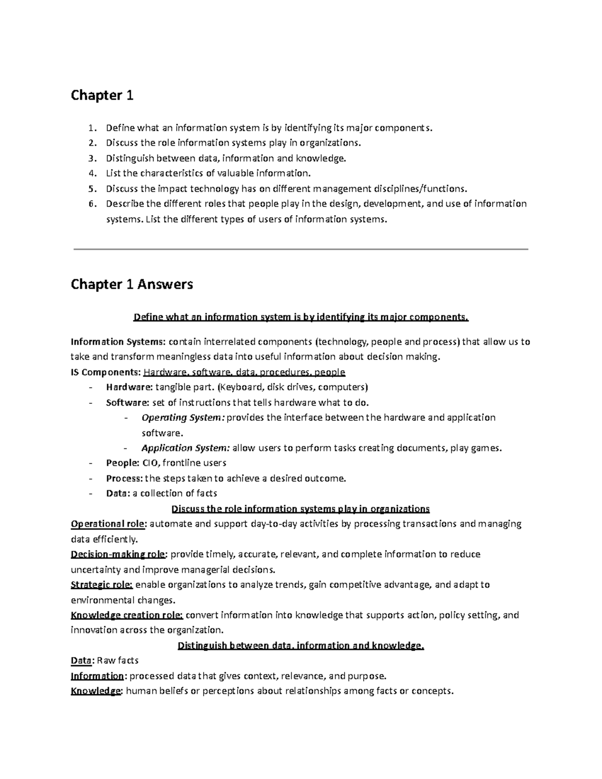C205 Chapter 1: Understanding Information Systems and Their Roles - Studocu