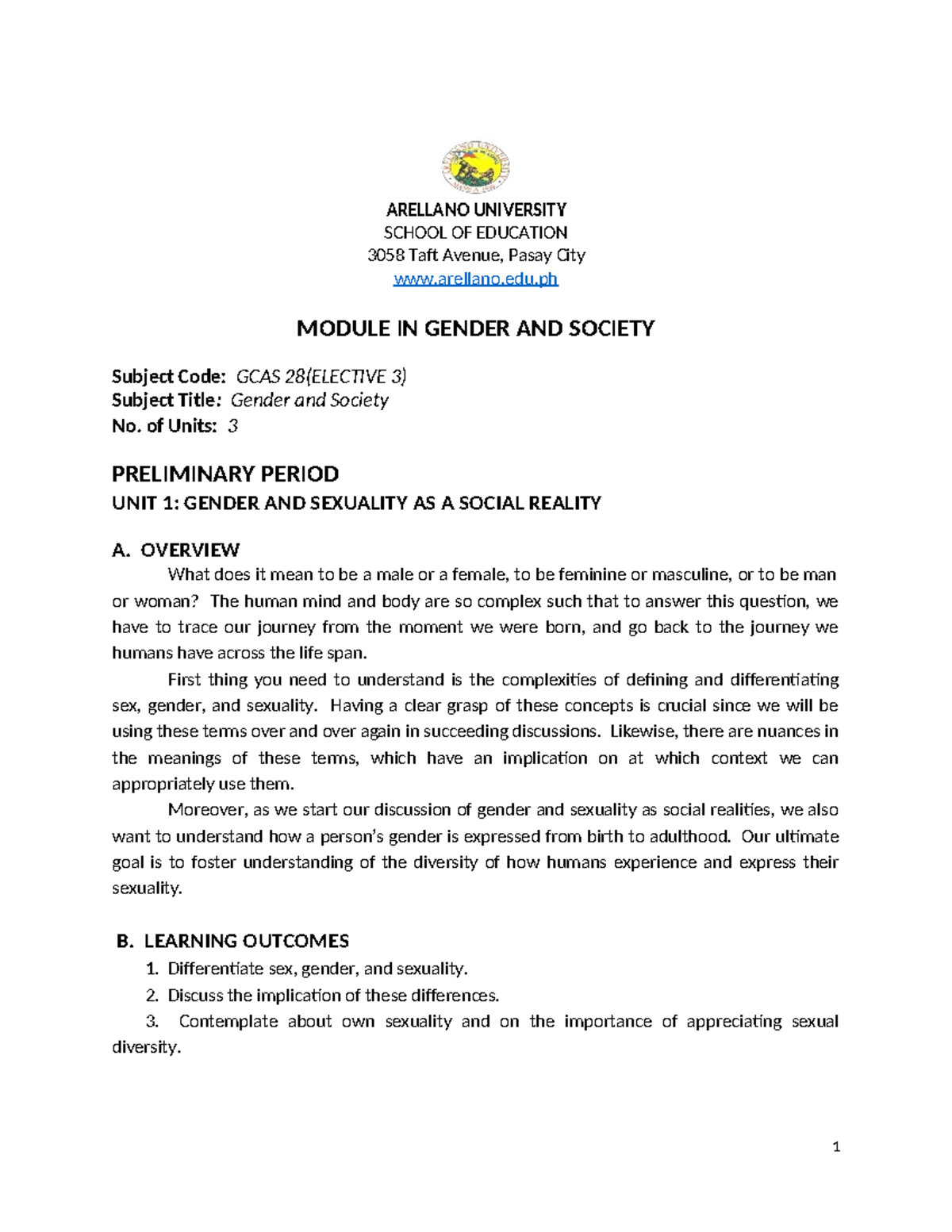 Preliminary Module in GCAS 28: Gender and Society Insights - Studocu