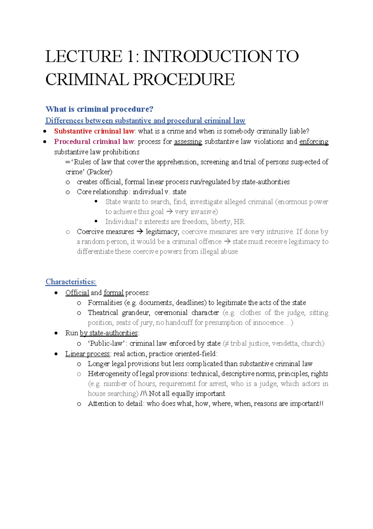 Lecture 1: Intro to Criminal Procedure - Key Concepts & Notes - Studeersnel