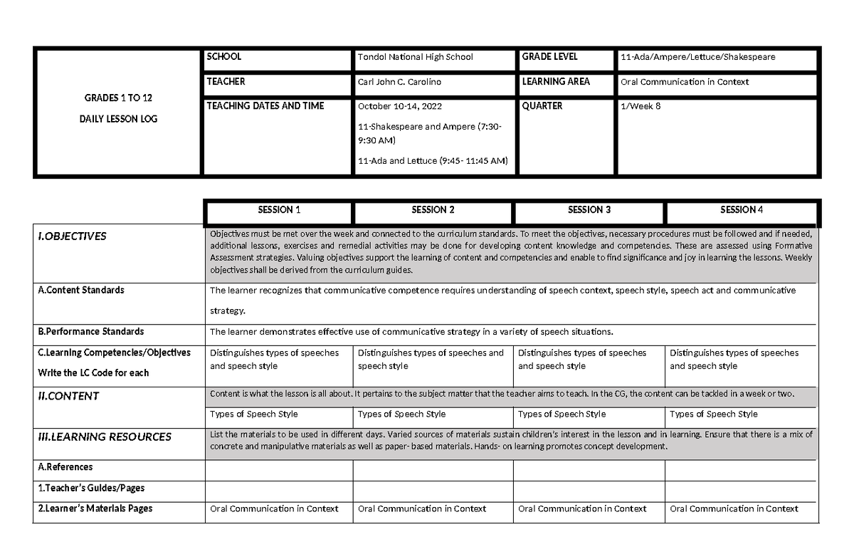 OC Q1 W8 - Daily Lesson Log for Oral Communication - Studocu