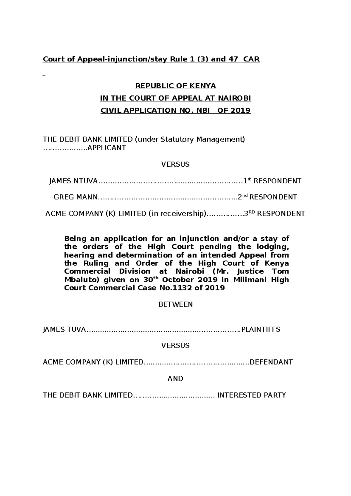 Court of Appeal Civil Application NBI 2019: Stay & Injunction Request ...
