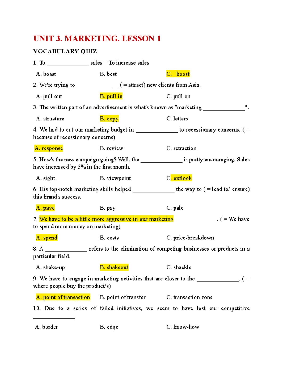 Unit 3 Marketing lesson 1 - UNIT 3. MARKETING. LESSON 1 VOCABULARY QUIZ ...