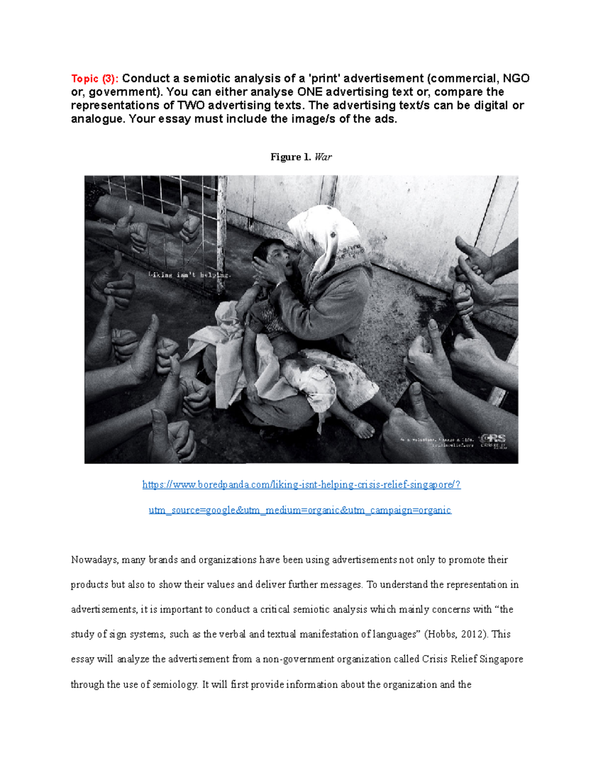 Semiotic Analysis - Topic (3): Conduct a semiotic analysis of a 'print ...