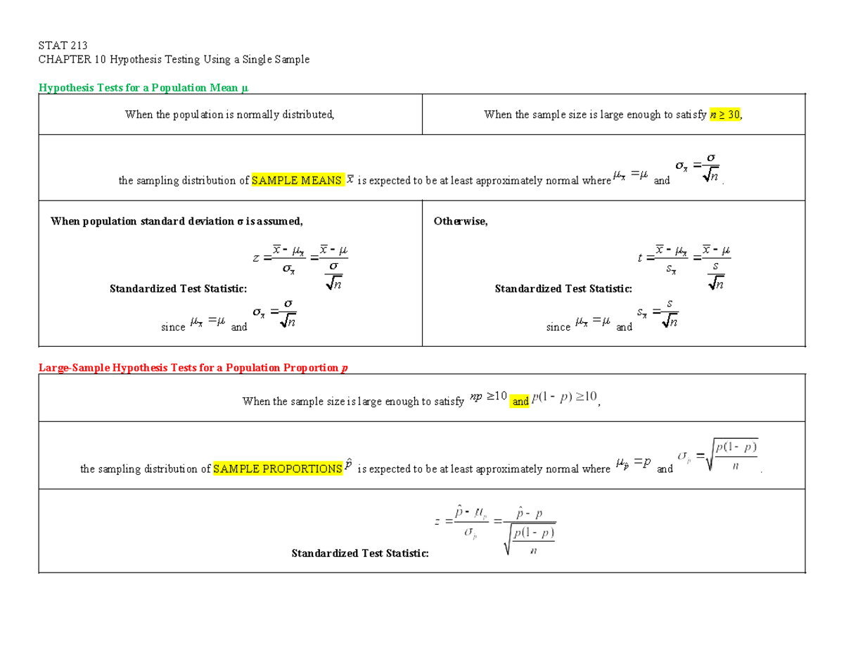 STAT 213 CH 10 Hypothesis Testing: Single Sample Mean & Proportion ...