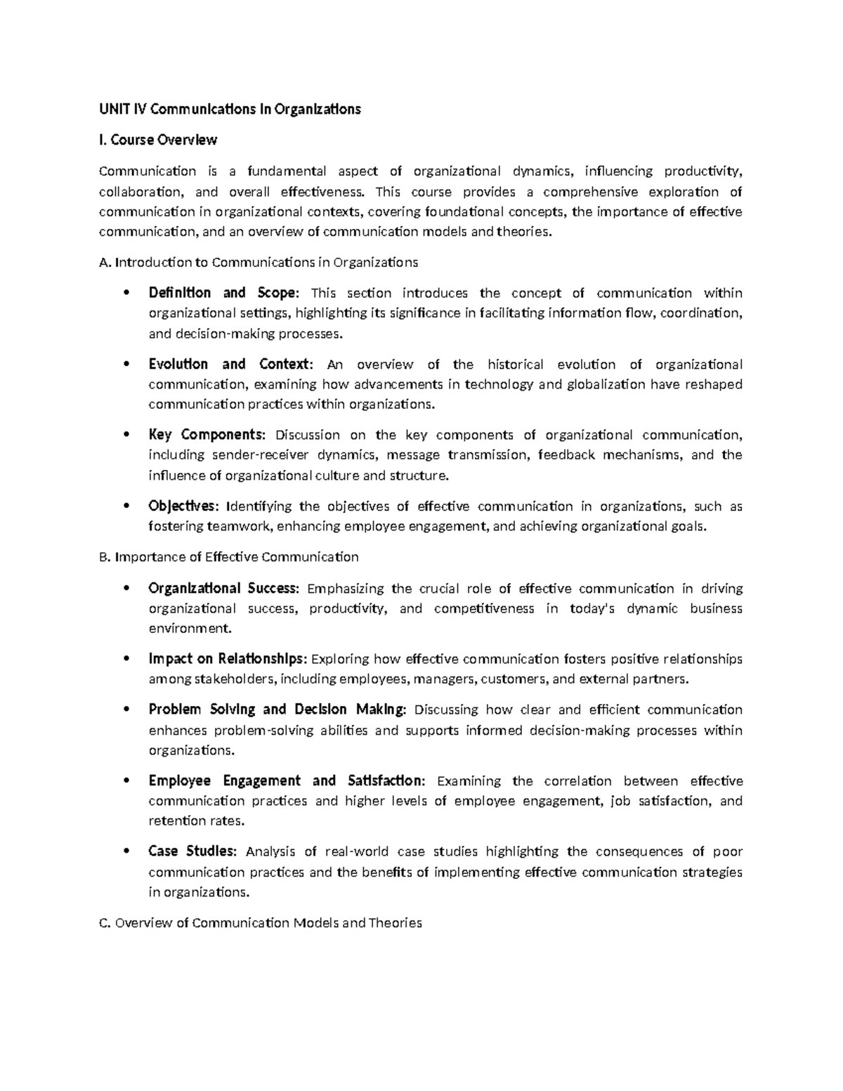 UNIT IV - Effective Communications in Organizations - HBO Notes - Studocu