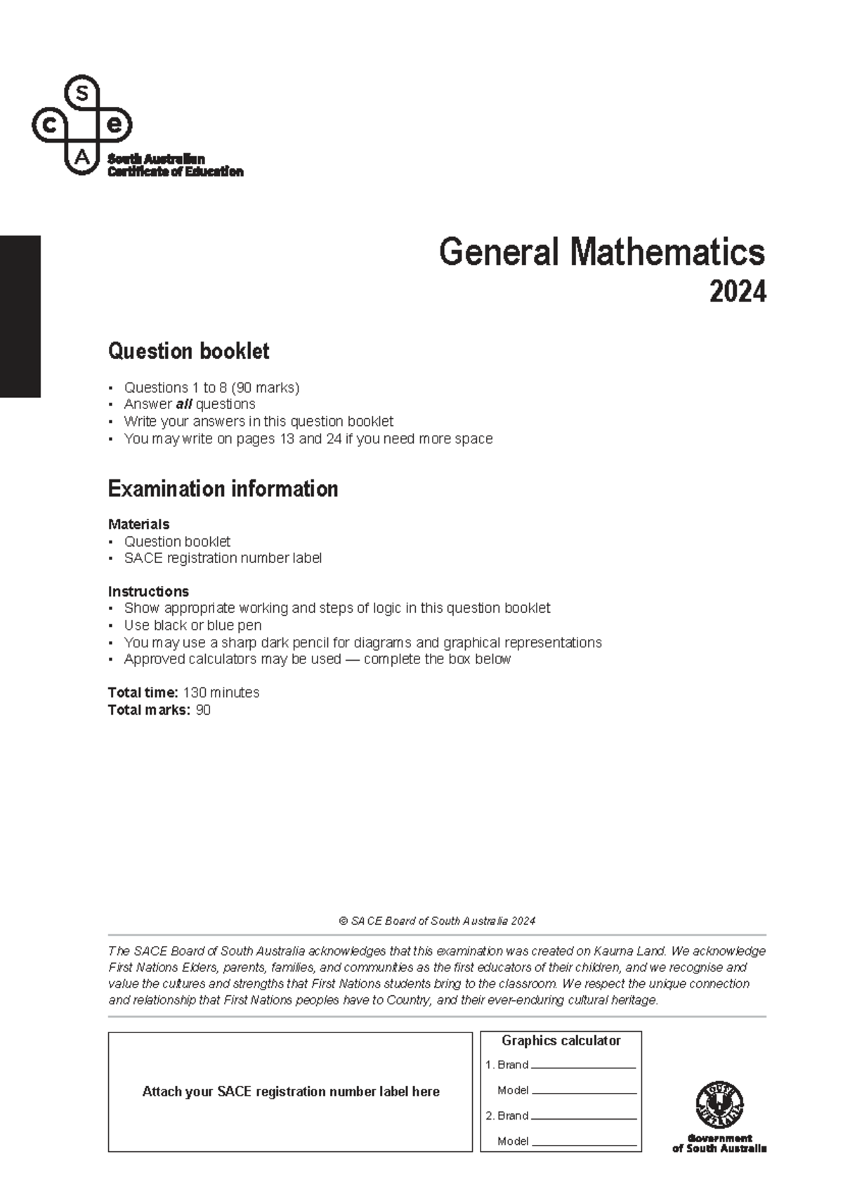 2024 SACE General Mathematics Exam - Question Booklet - Studocu