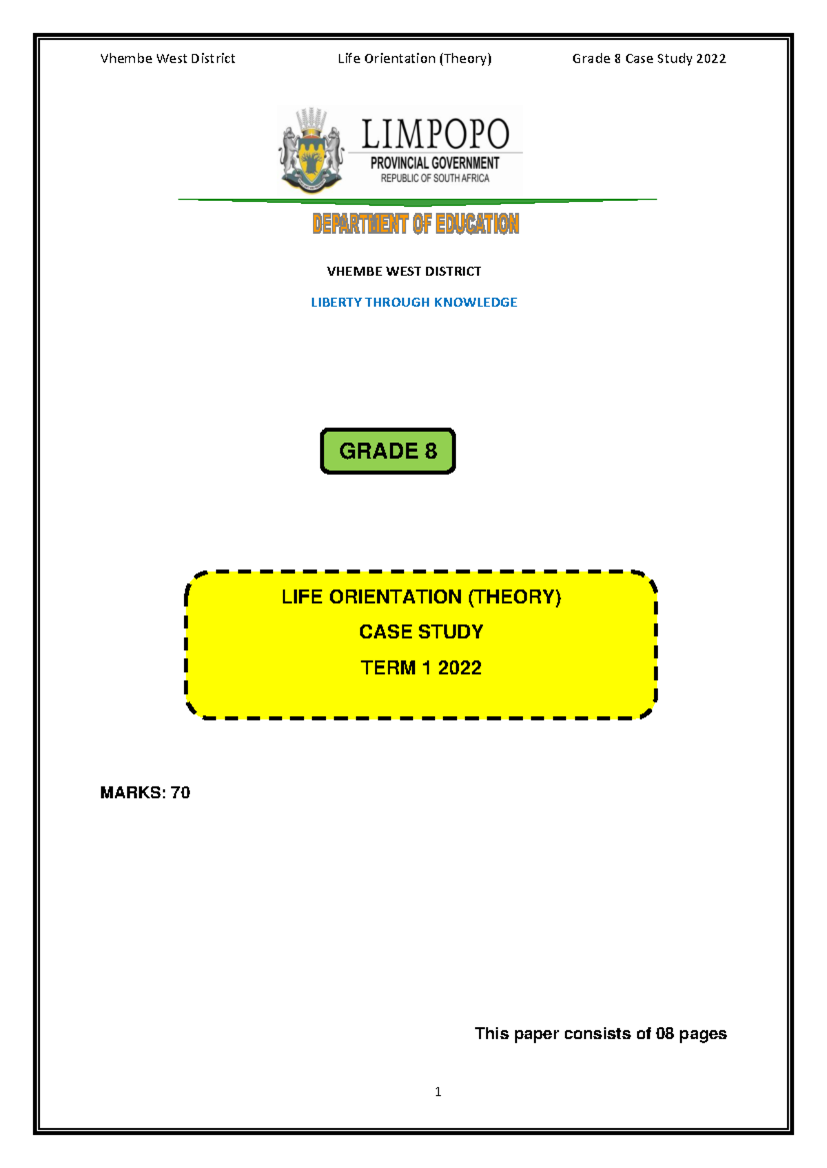 Grade 8 Life Orientation Term 1 Case Study (70 Marks) - Studocu